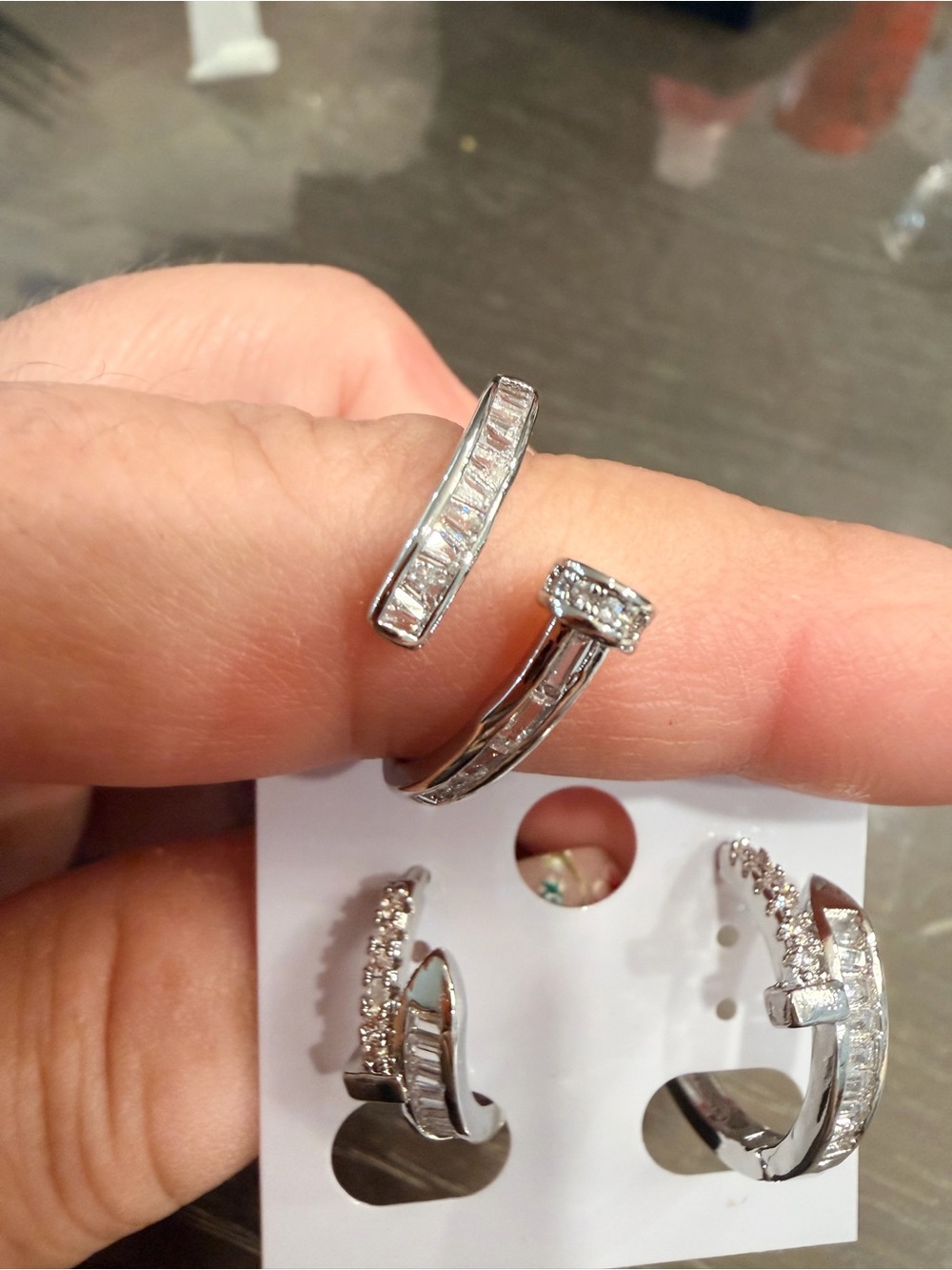 Sterling Silver Open Band Ring with Clear Stones - Silver